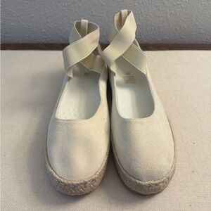 Womens Cream Espadrille Platform Flats with Crossover Elastic